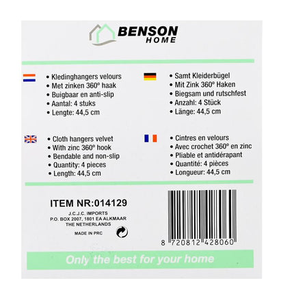 Benson Velours Kledinghangers - Anti-slip - Zwart - 4 stuks
