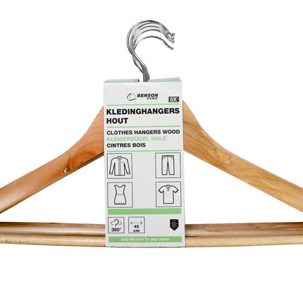 Benson Houten Kledinghangers - Set van 5 - Met Broekstang & 360° Haak