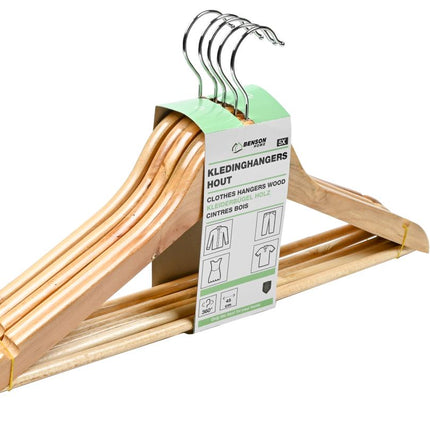 Benson Houten Kledinghangers - Set van 5 - Met Broekstang & 360° Haak