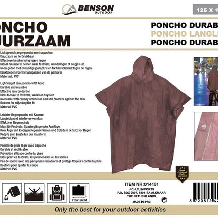 Benson Duurzame Regenponcho - Herbruikbaar - Bruin - Met Capuchon