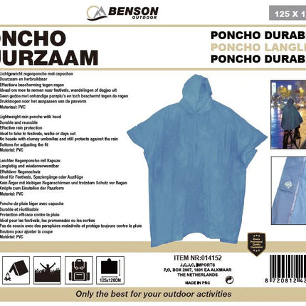 Benson Duurzame Regenponcho - Herbruikbaar - Blauw - Met Capuchon