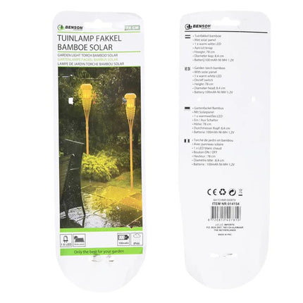 Benson Solar Tuinlamp Fakkel Bamboe – 78 cm – Warm Wit LED