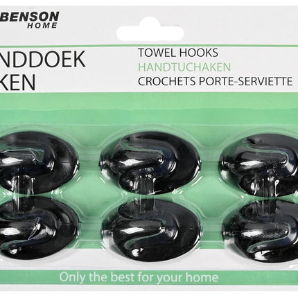 Benson Zelfklevende Handdoekhaken - Zwart - 6-delig - 48 x 30 mm