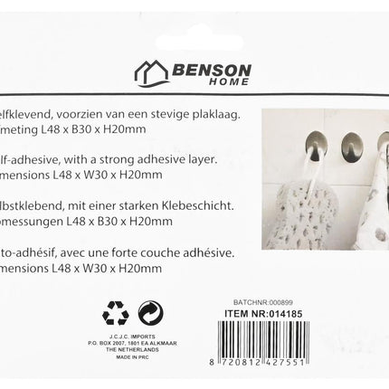 Benson Zelfklevende Handdoekhaken - Zwart - 6-delig - 48 x 30 mm