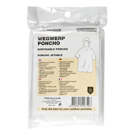 Benson Wegwerp Regenponcho - Transparant - One Size - Compacte Noodponcho