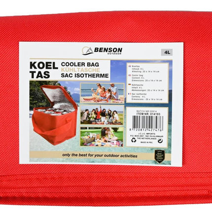 Benson Compacte Koeltas - 4 Liter - Rood - Ideaal voor Lunch & Onderweg