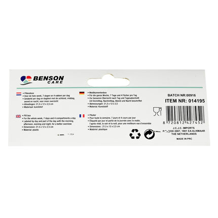 Benson Compacte Pillendoos – 7 Dagen – 4 Vakken per Dag – 21,5 cm