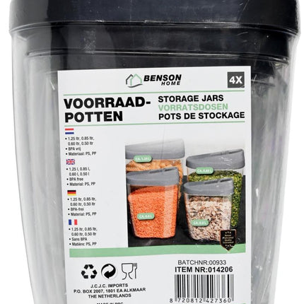 Benson Voorraadpotten Set - 4-delig - 0,5L t/m 1,25L - BPA-vrij - Transparant