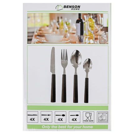 Benson Bestekset - 16-delig - RVS - Modern Design - Zwarte Handvaten