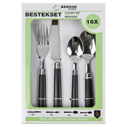 Benson Bestekset - 16-delig - RVS - Modern Design - Zwarte Handvaten