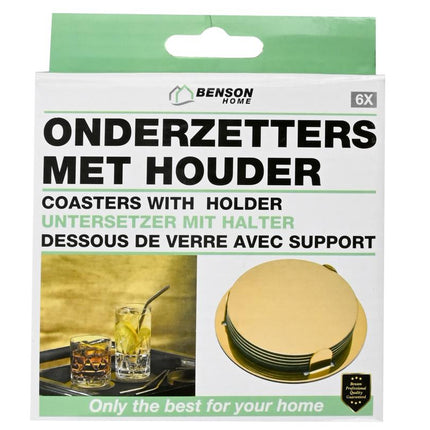 Benson Luxe Onderzetters - Goud - RVS - Set van 6 stuks - Inclusief Houder