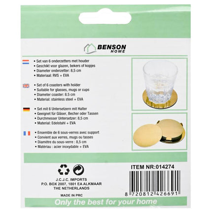Benson Luxe Onderzetters - Goud - RVS - Set van 6 stuks - Inclusief Houder