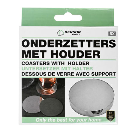 Benson Luxe RVS Onderzetters - 6-delig - Inclusief Houder - Ø 10 cm - Zilver