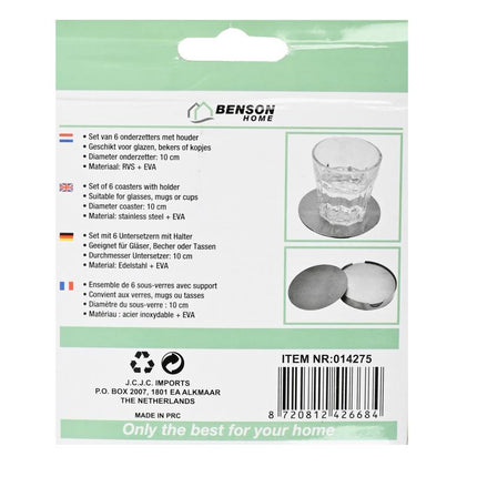 Benson Luxe RVS Onderzetters - 6-delig - Inclusief Houder - Ø 10 cm - Zilver