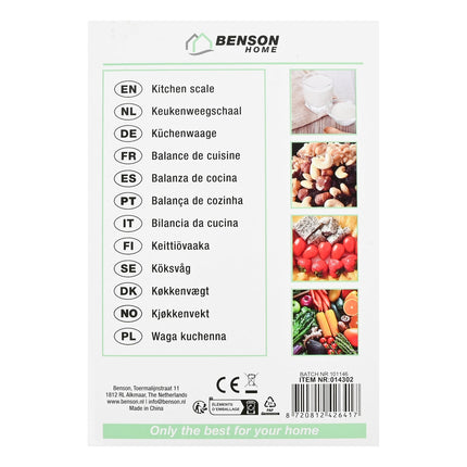Benson Digitale Keukenweegschaal - 5 kg - 1 g Nauwkeurig - Glazen Oppervlak - Zwart