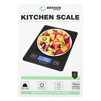 Benson Digitale Keukenweegschaal - 5 kg - 1 g Nauwkeurig - Glazen Oppervlak - Zwart