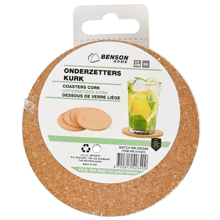 Benson Onderzetters - Set van 6 - Kurk - Ø 10 cm - Voor Glazen en Bekers