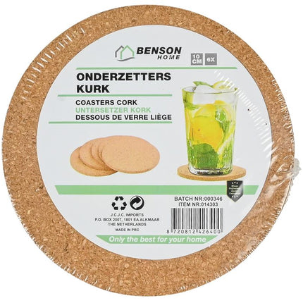 Benson Onderzetters - Set van 6 - Kurk - Ø 10 cm - Voor Glazen en Bekers