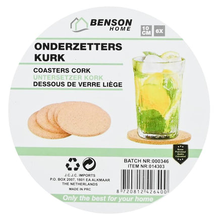 Benson Onderzetters - Set van 6 - Kurk - Ø 10 cm - Voor Glazen en Bekers
