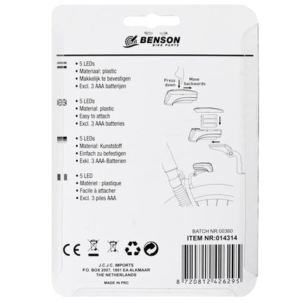 Benson LED Fietskoplamp - 5 LED's - Voorvorkbeugel - Waterdicht - 3 Standen