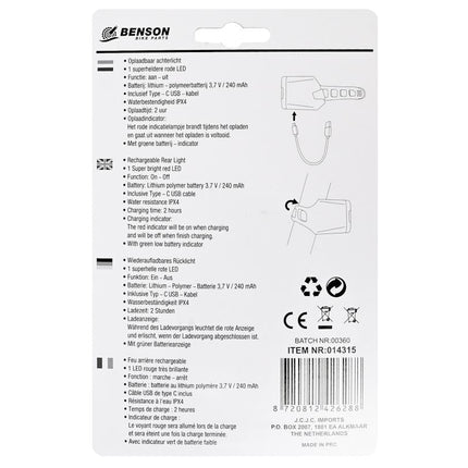 Benson USB Oplaadbaar Achterlicht - Rode LED - 550 mAh - USB-C - Waterbestendig