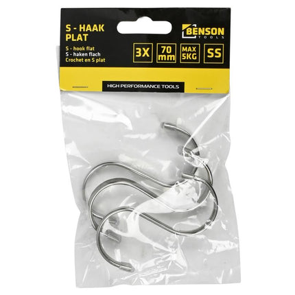 Benson Platte S-Haken 70 mm – Set van 3 – RVS