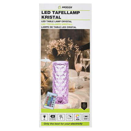 Benson Luxe Kristallen Tafellamp – 21 cm – RGB Kleuren – Met Afstandsbediening – USB-C Oplaadbaar