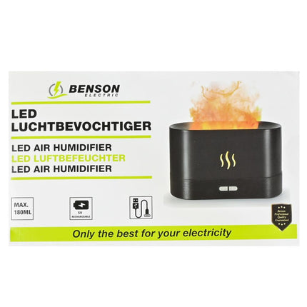 Benson LED Luchtbevochtiger met Flame Effect - 180 ml - USB-C - Zwart