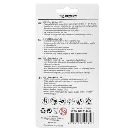 Benson Knoopcelbatterijen - LR44 - Alkaline - 1.5V - 12 stuks