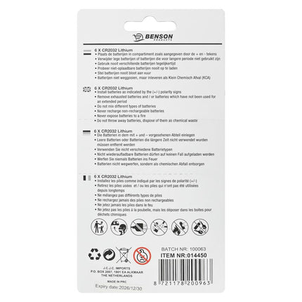 Benson Knoopcelbatterijen - CR2032 - Lithium - 3V - 6 stuks