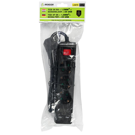 Benson Stekkerdoos met USB – 3-voudig – 1,5 meter – Schakelaar – Zwart