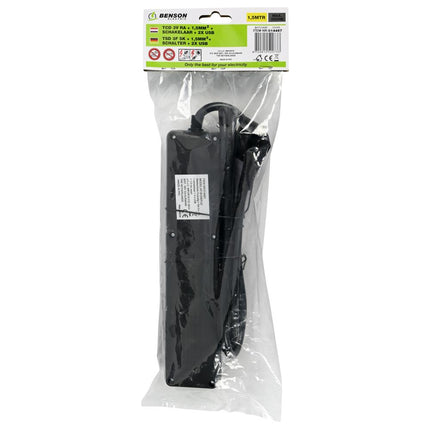 Benson Stekkerdoos met USB – 3-voudig – 1,5 meter – Schakelaar – Zwart