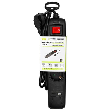 Benson Stekkerdoos met USB-A & USB-C – 3-voudig – 1,5 meter – Schakelaar – Zwart