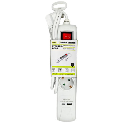 Benson Stekkerdoos met USB-A & USB-C – 3-voudig – 1,5 meter – Schakelaar – Wit