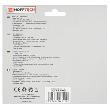 Hofftech Oplaadbare Zaklampenset – 2 stuks – 3W LED + COB Zijlicht – USB-C