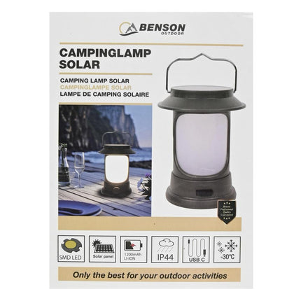 Benson Solar Campinglamp - 18 cm - Dimbaar - USB-C Oplaadbaar - IP44 Spatwaterdicht