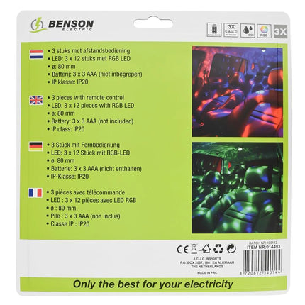 Benson LED Disco Party Licht – Set van 3 – RGB LED – Met Afstandsbediening