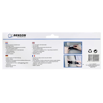 Benson Autostoel Organizer met Tablethouder – 55 x 44 cm – Waterafstotend – Zwart