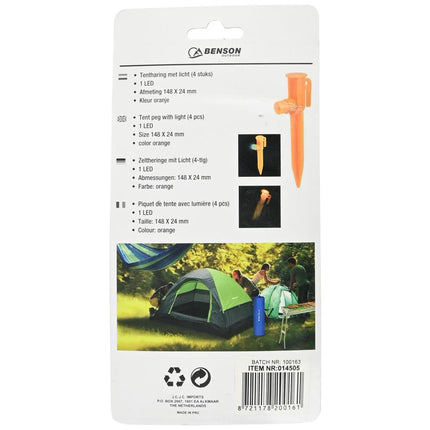 Benson Tentharingen met LED-verlichting - 4 stuks - Oranje - Inclusief Batterijen
