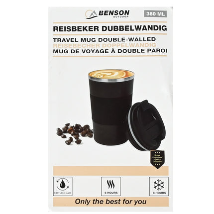 Benson Dubbelwandige Reisbeker RVS – 380 ml – Anti-lek & Siliconen Grip