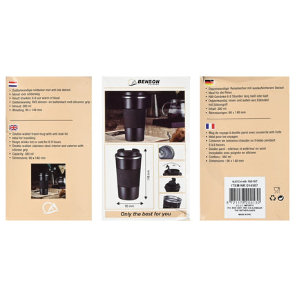 Benson Dubbelwandige Reisbeker RVS – 380 ml – Anti-lek & Siliconen Grip
