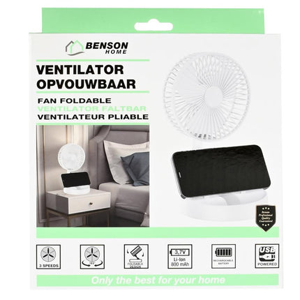 Benson Opvouwbare USB Ventilator - 3 Snelheden - Oplaadbaar - Wit
