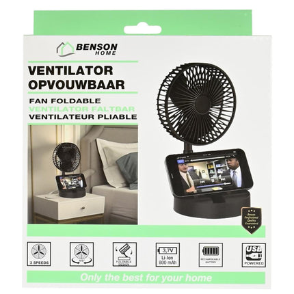 Benson Opvouwbare USB Ventilator - 3 Snelheden - Oplaadbaar - Zwart