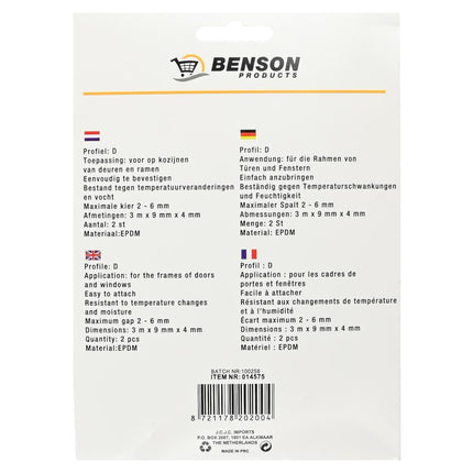 Benson Tochtstrip Rubber D-profiel Wit - 2 x 3 Meter - Zelfklevend