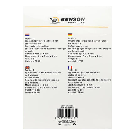 Benson Tochtstrip Rubber D-profiel Zwart - 2 x 3 Meter - 6 Meter Totaal