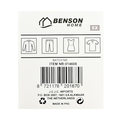 Benson Kunststof Kledinghangers - 5 Stuks - Zwart - 40,5 cm