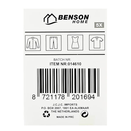 Benson Metalen Kledinghangers - Anti-slip Coating - Zwart - 5 stuks