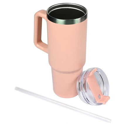 Benson Thermosbeker 900 ml - Roze - Inclusief Rietje - Geschikt voor Auto Bekerhouders