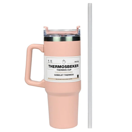 Benson Thermosbeker 900 ml - Roze - Inclusief Rietje - Geschikt voor Auto Bekerhouders