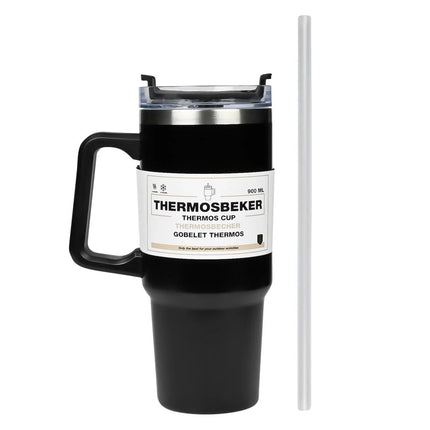 Benson Thermosbeker 900 ml - Zwart - Inclusief Rietje - Geschikt voor Auto Bekerhouders